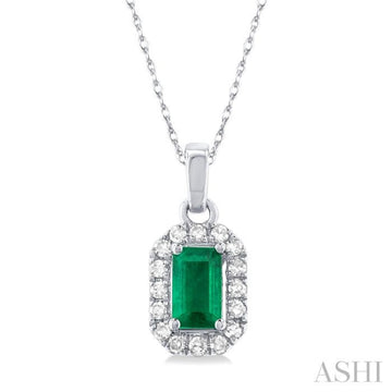 5x3 MM Octagonal Shape Emerald and 1/20 Ctw Single Cut Diamond Halo Precious Pendant with Chain in 10K White Gold